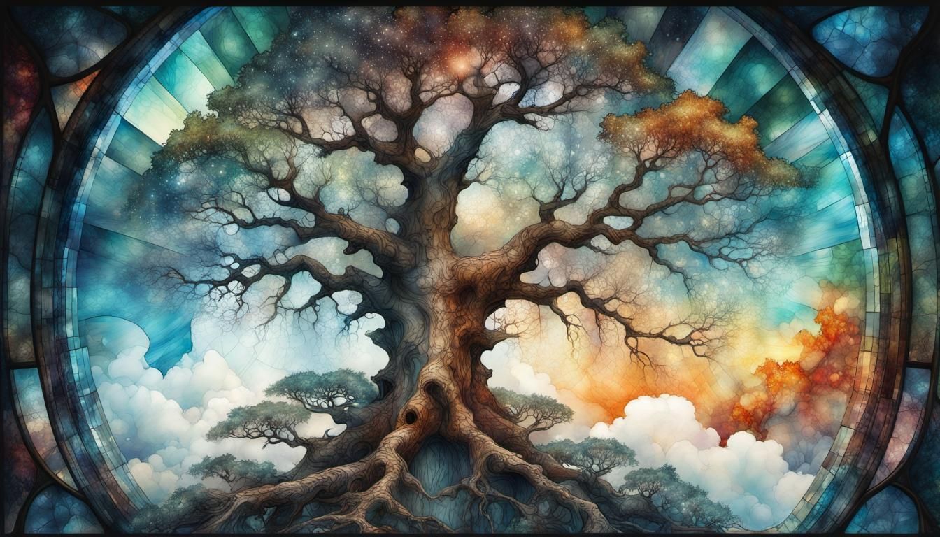 Stained Glass Oak Tree with Fractal Cracks