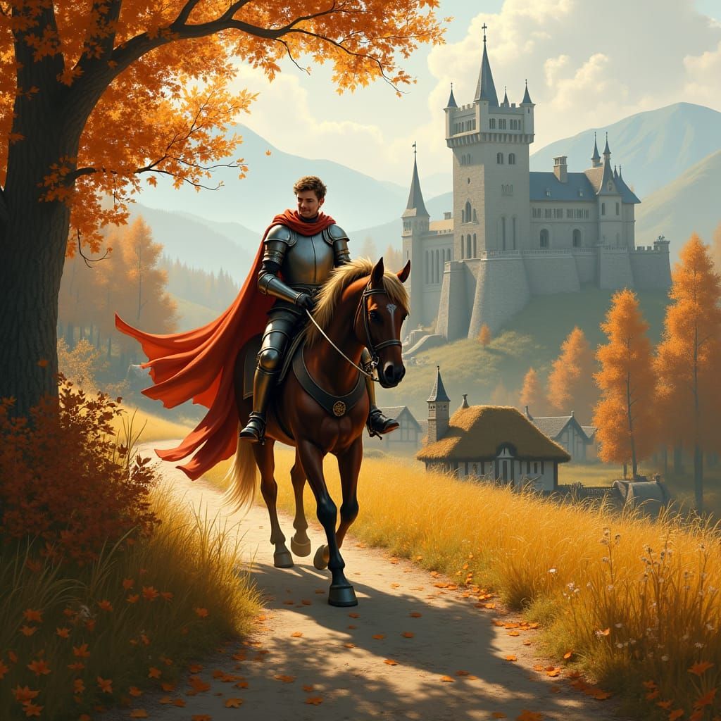 A young handsome knight rides on his horse