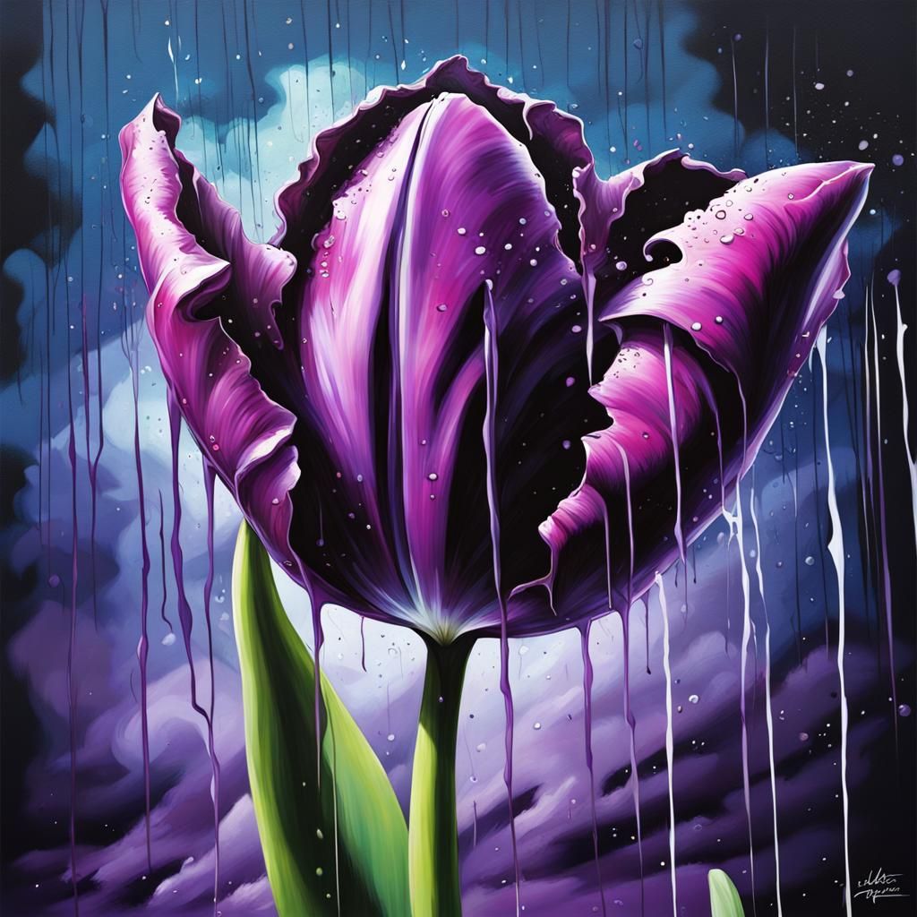 Purple Tulip Thriving in Graffiti Art Thunderstorm