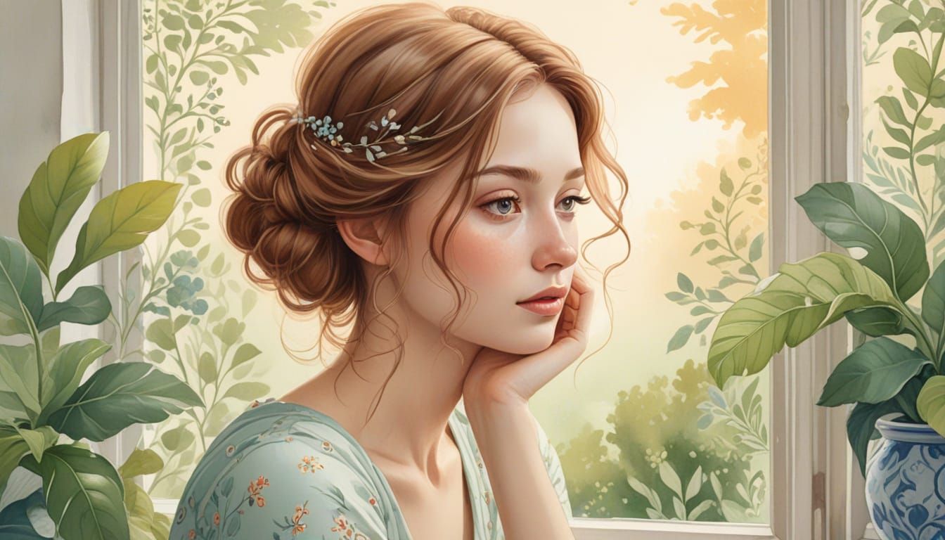 Dreamy Watercolor Portrait of Contemplative Young Woman