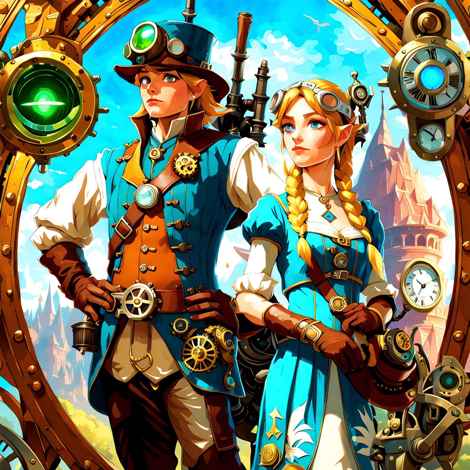 Steampunk Link and Zelda Portrait in Digital Illustration