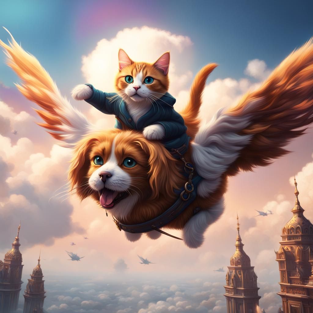 Furry Cat Rides Flying Dog in Fantasy Sky