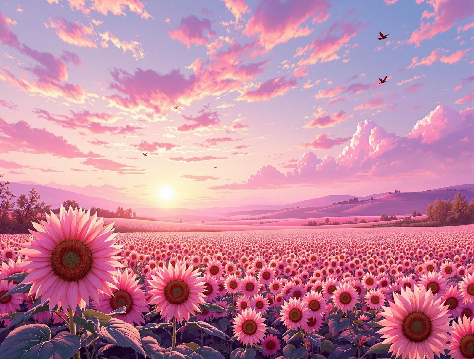 Vast Pink Sunflower Field in Soft Impressionist Light