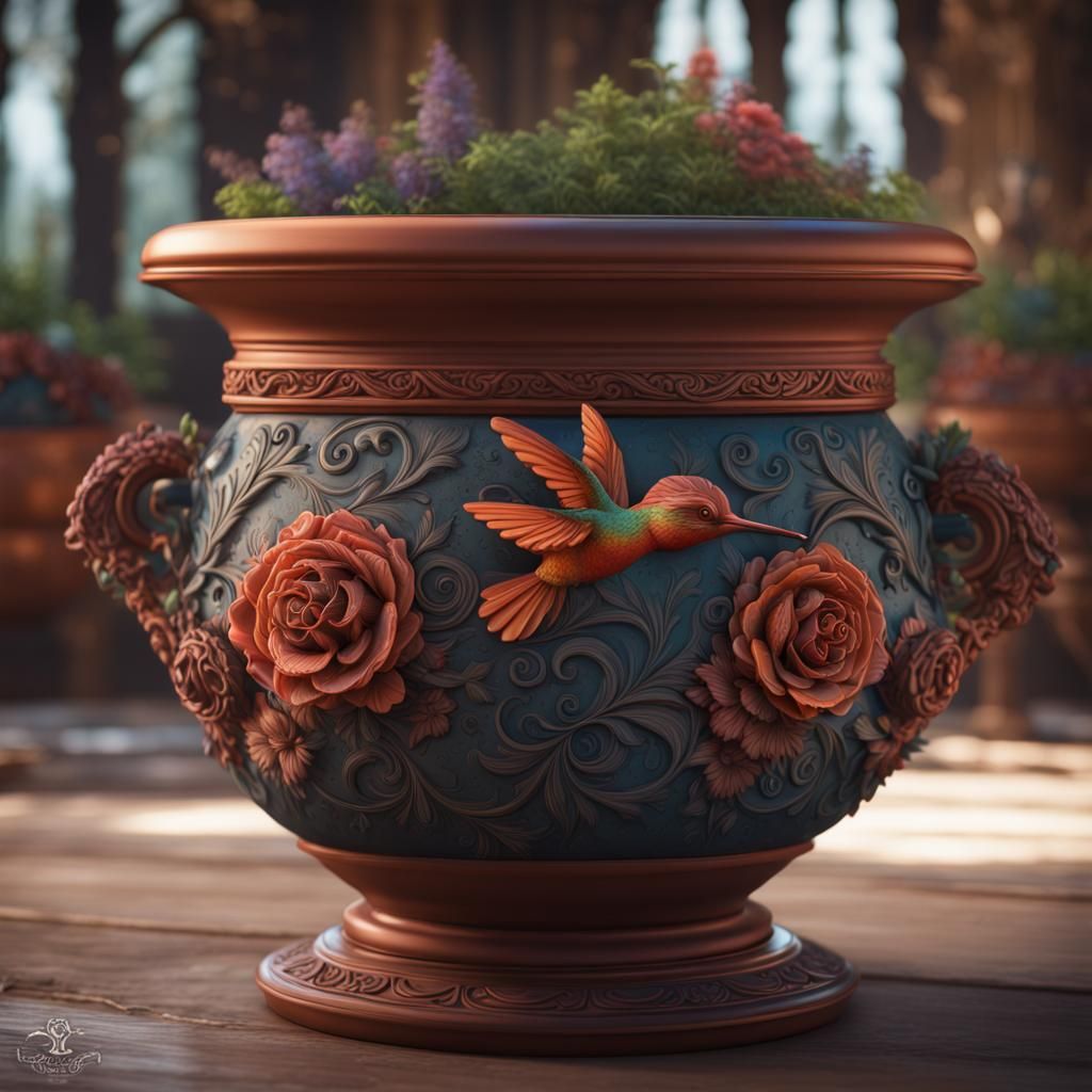 Fantastical Clay Pot with Intricate Hummingbird Design