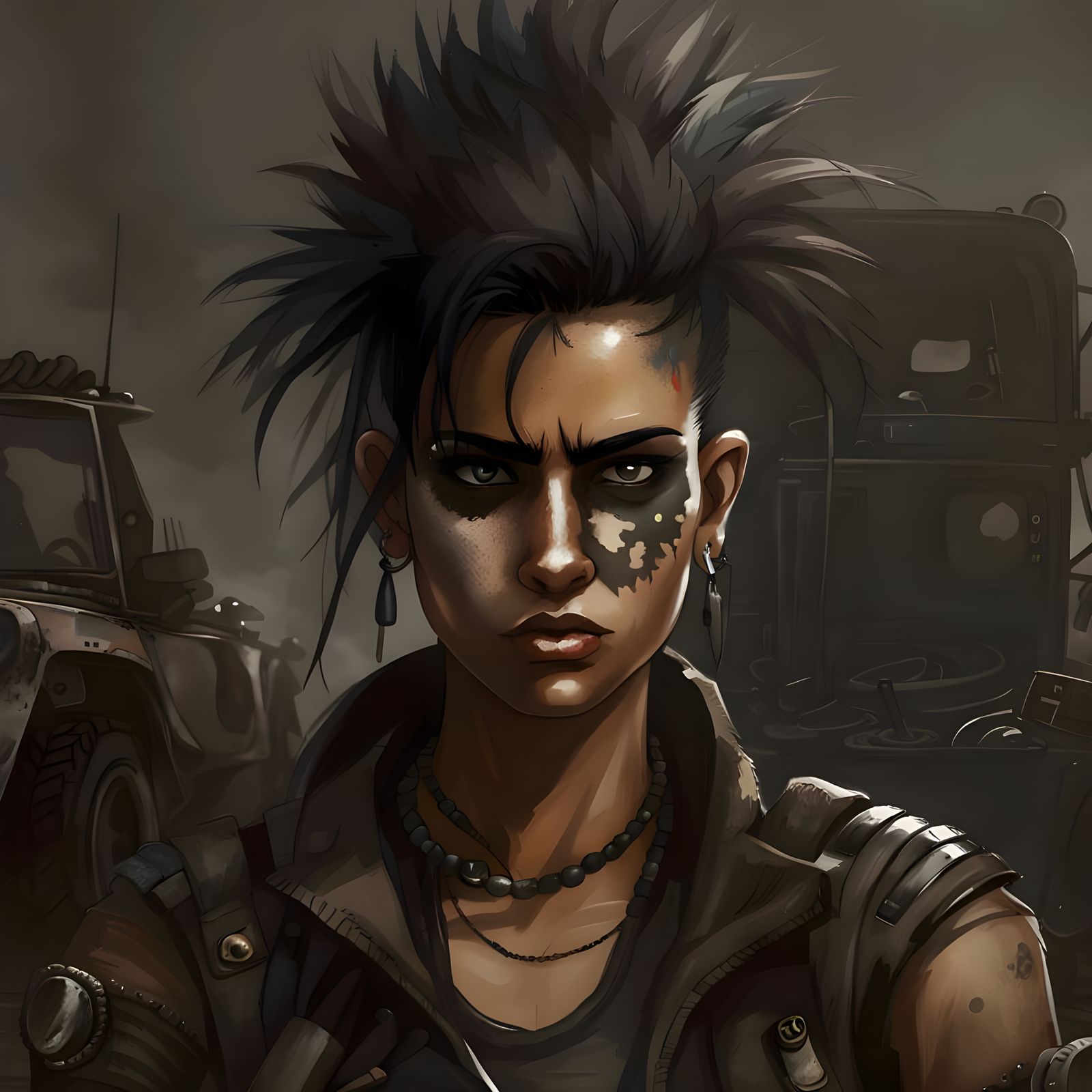 Post-Apocalyptic Female Driver with Mohawk and Eye-Patch