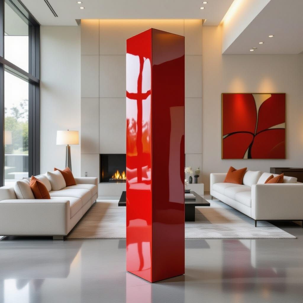 Shiny Red Abstract Sculpture in Luxurious Modern Living Room