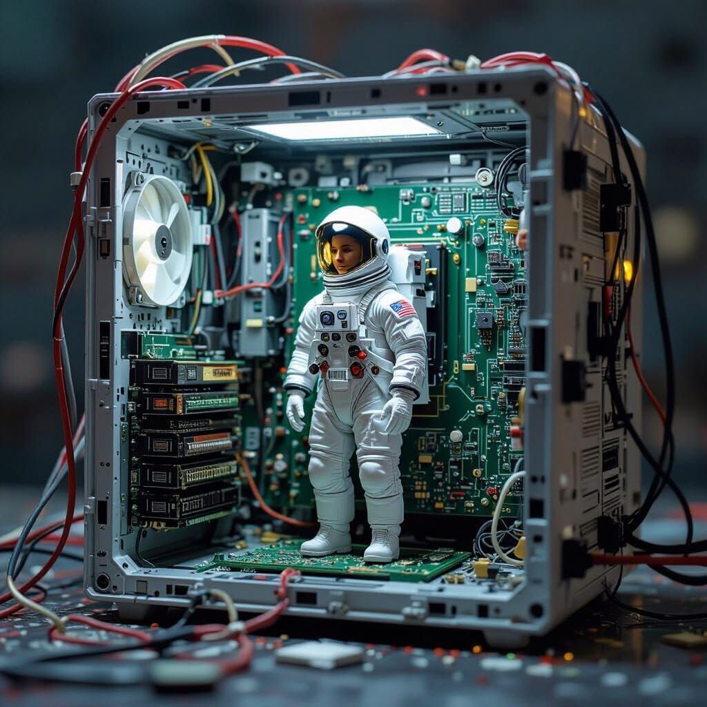 Miniature Person Inside Mac Studio, Photo Realistic