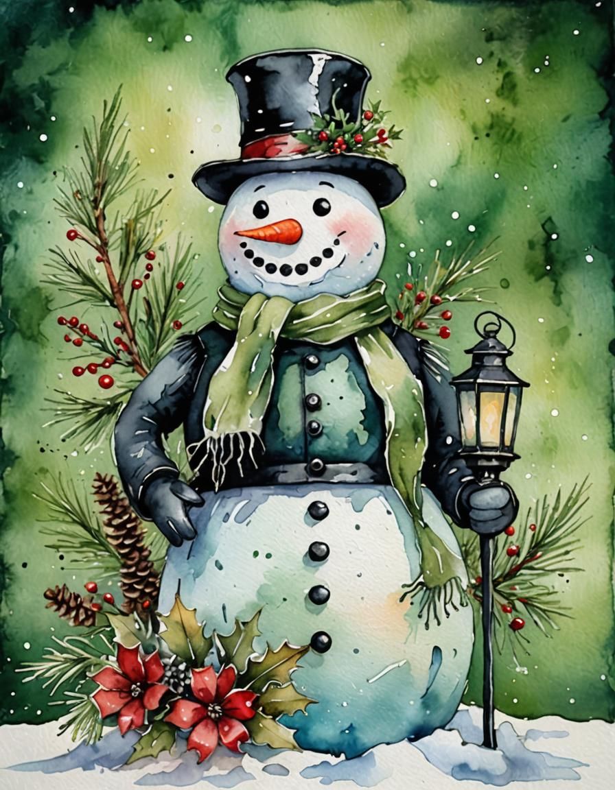 Snowman with Lantern in Whimsical Watercolor Style