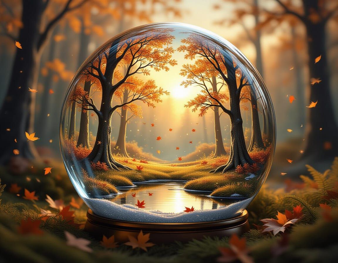 Enchanted Autumn Forest in a Shimmering Snow Globe