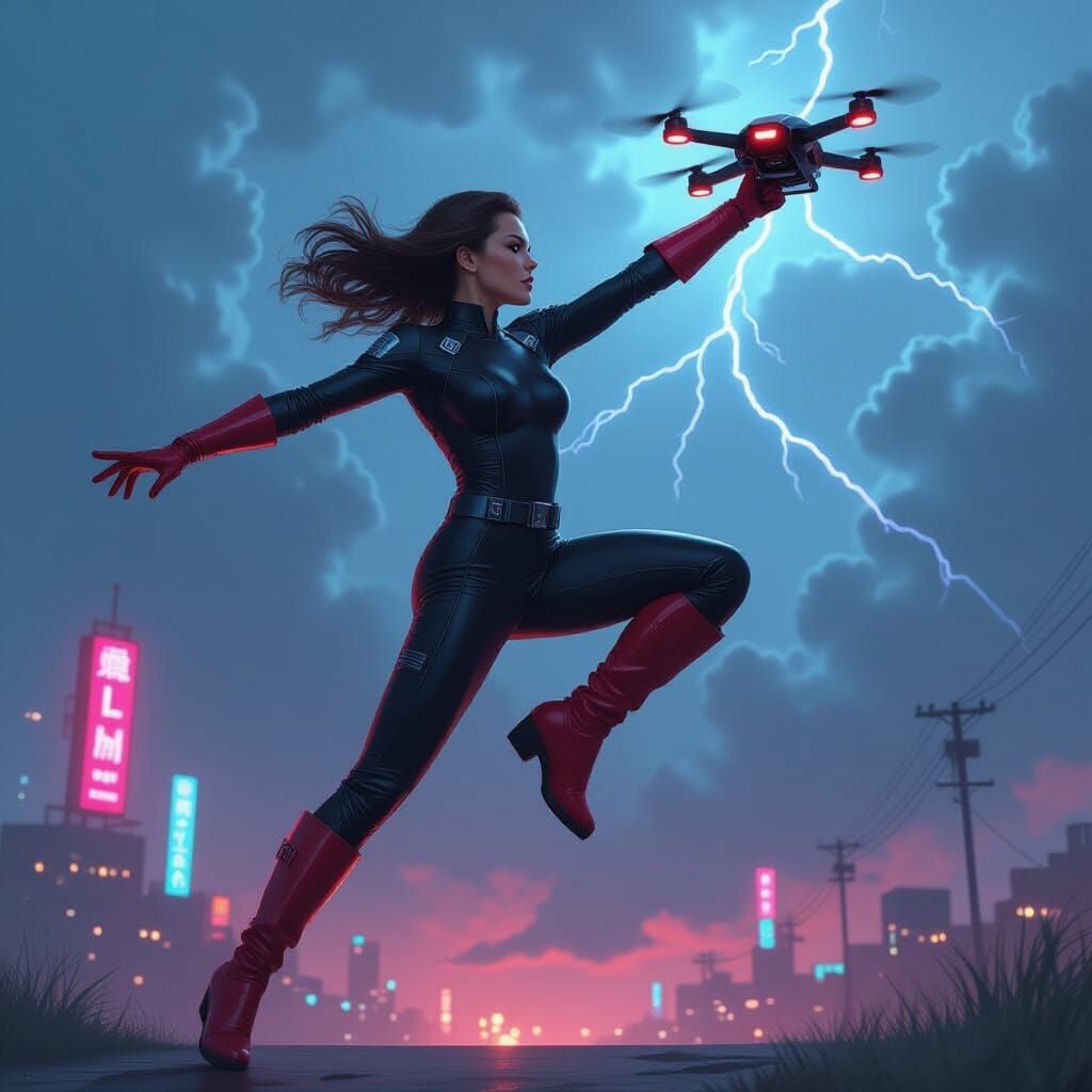 Woman with Drone Leaping in Stormy, Neon Lit Sky