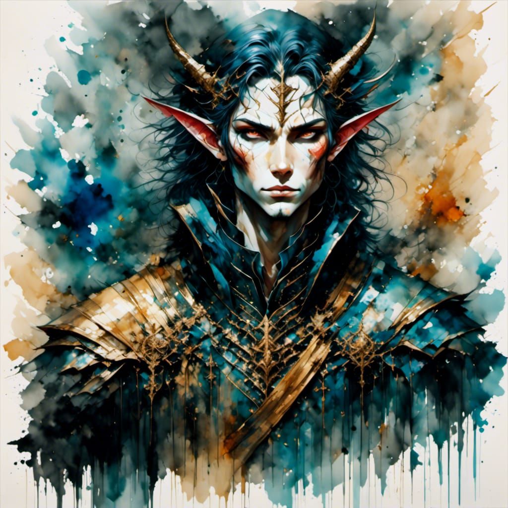 Tiefling Priest Smiling with Sword in Alcohol Ink Style