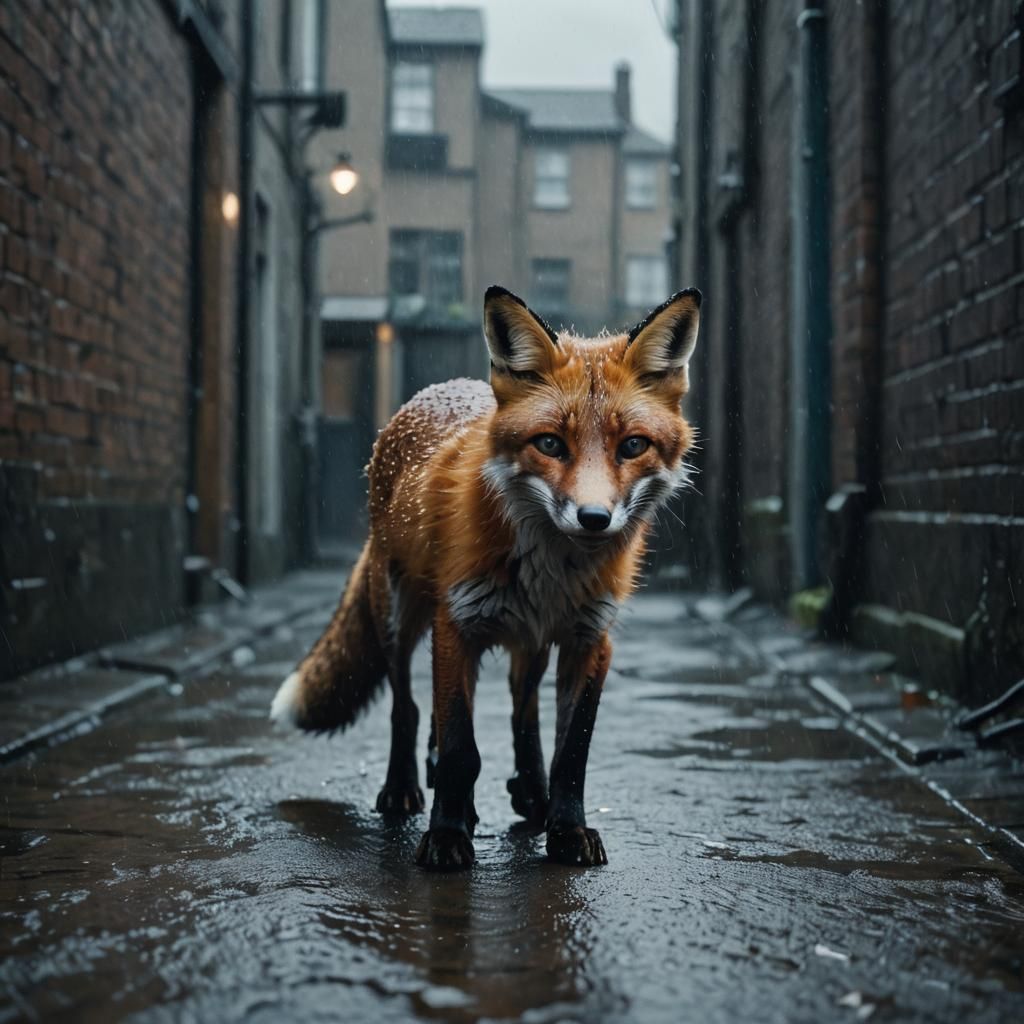 Fox Captured in Rainy Alleyway: Cinematic Film Still