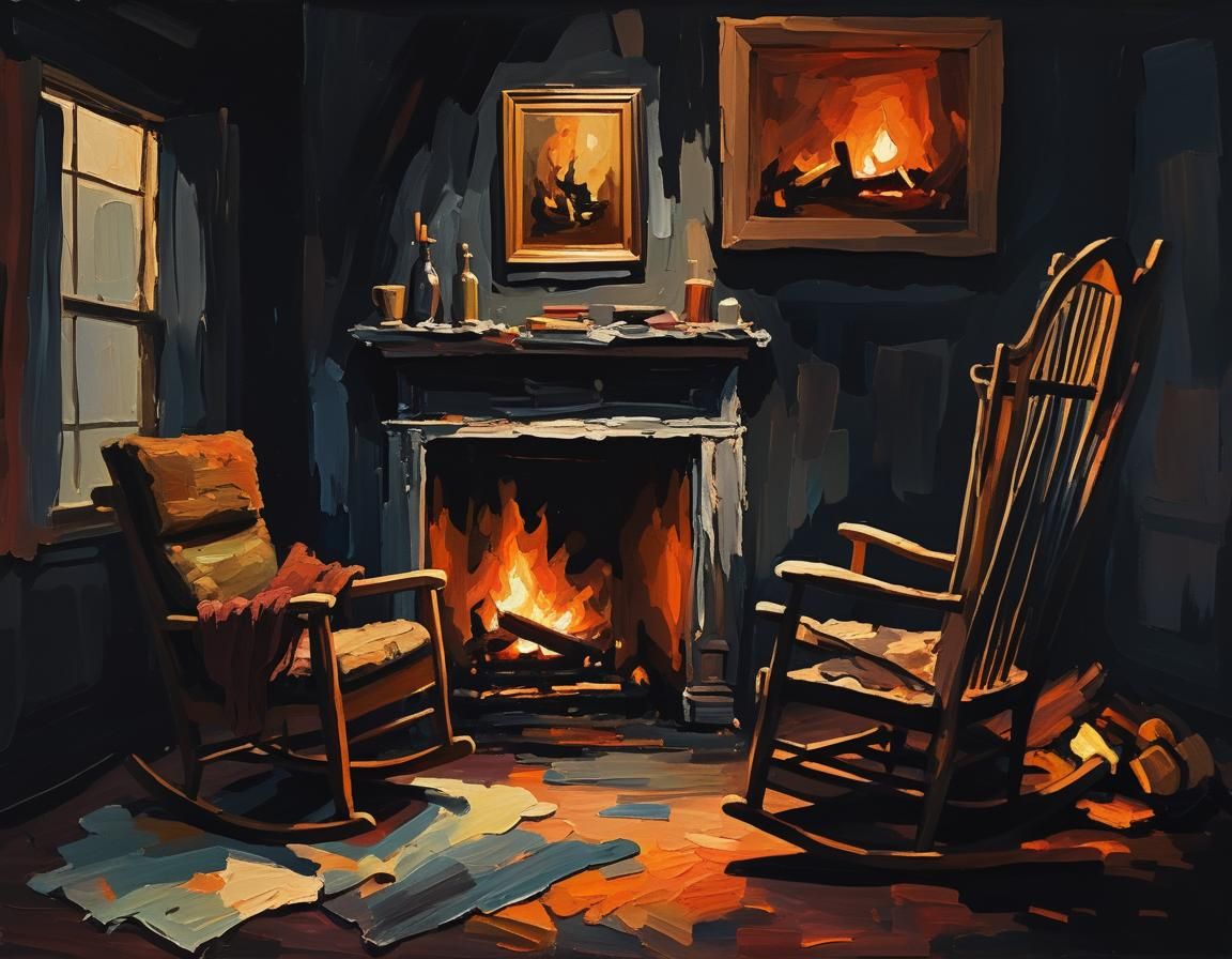 Cozy Study: Expressionist Impasto Painting with Fireplace
