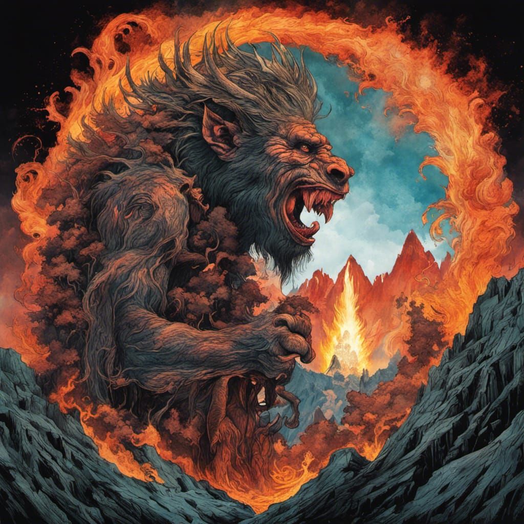 Troll Fire Mountain Double Exposure Gouache Illustration