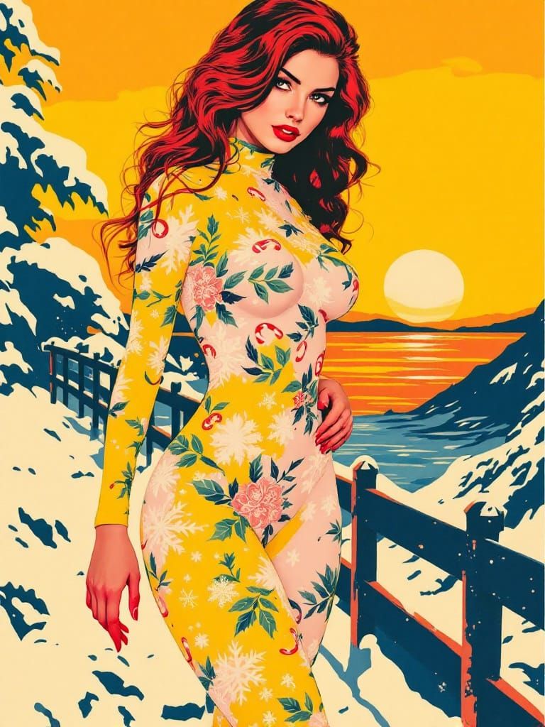 Woman in Festive Bodysuit Poses in Bold Graphic Style
