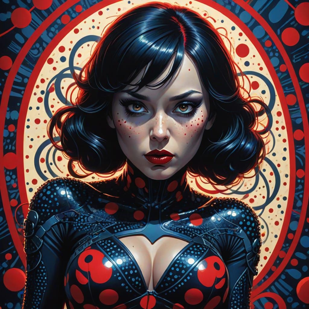 Black Widow Comic Art with Swirling Polka Dots