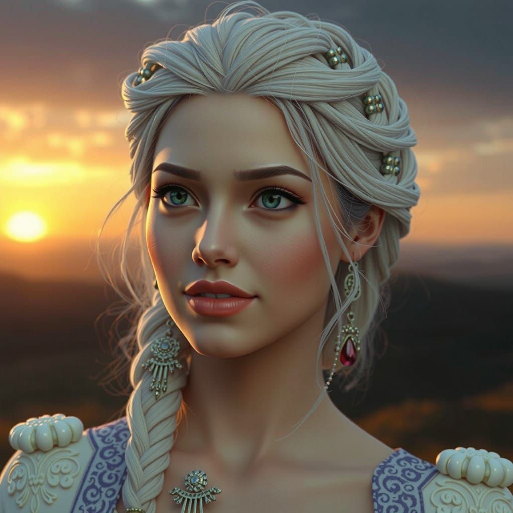 Elegant Asian Goddess Adorned in Hanbok Watches Sunset