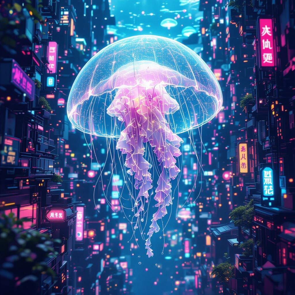 Neon Jellyfish in Underwater Cyberpunk City
