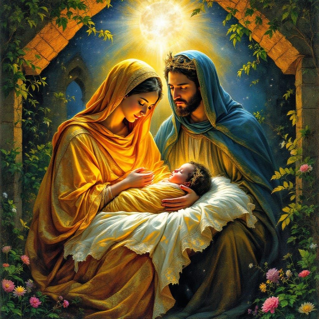 Majestic Nativity Scene in Golden Light, with the Virgin Mar...