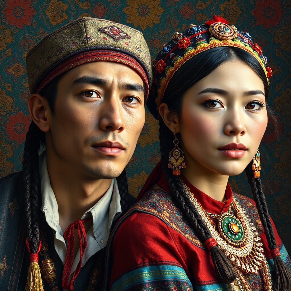 Göktürk Couple in Traditional Dress: Hyperrealistic Splash A...