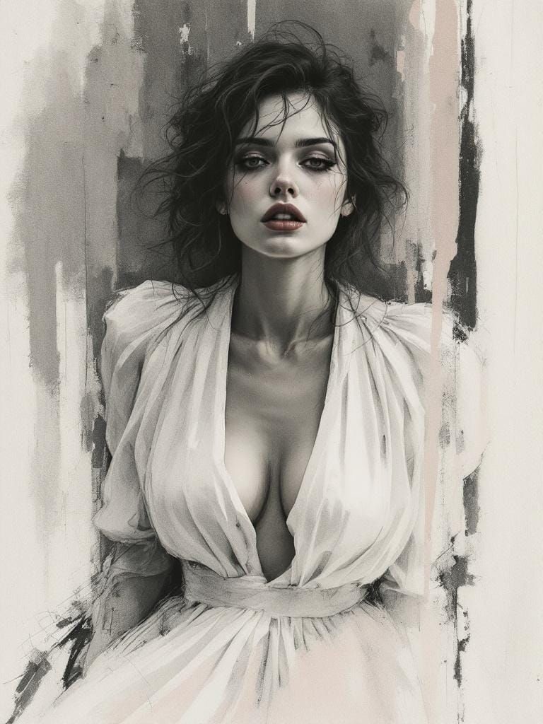 Figure in White Dress: Charcoal Pastel Sketch