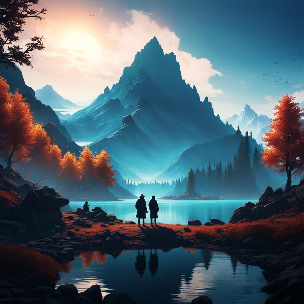 Mountain Lake Silhouette in Detailed Matte Painting