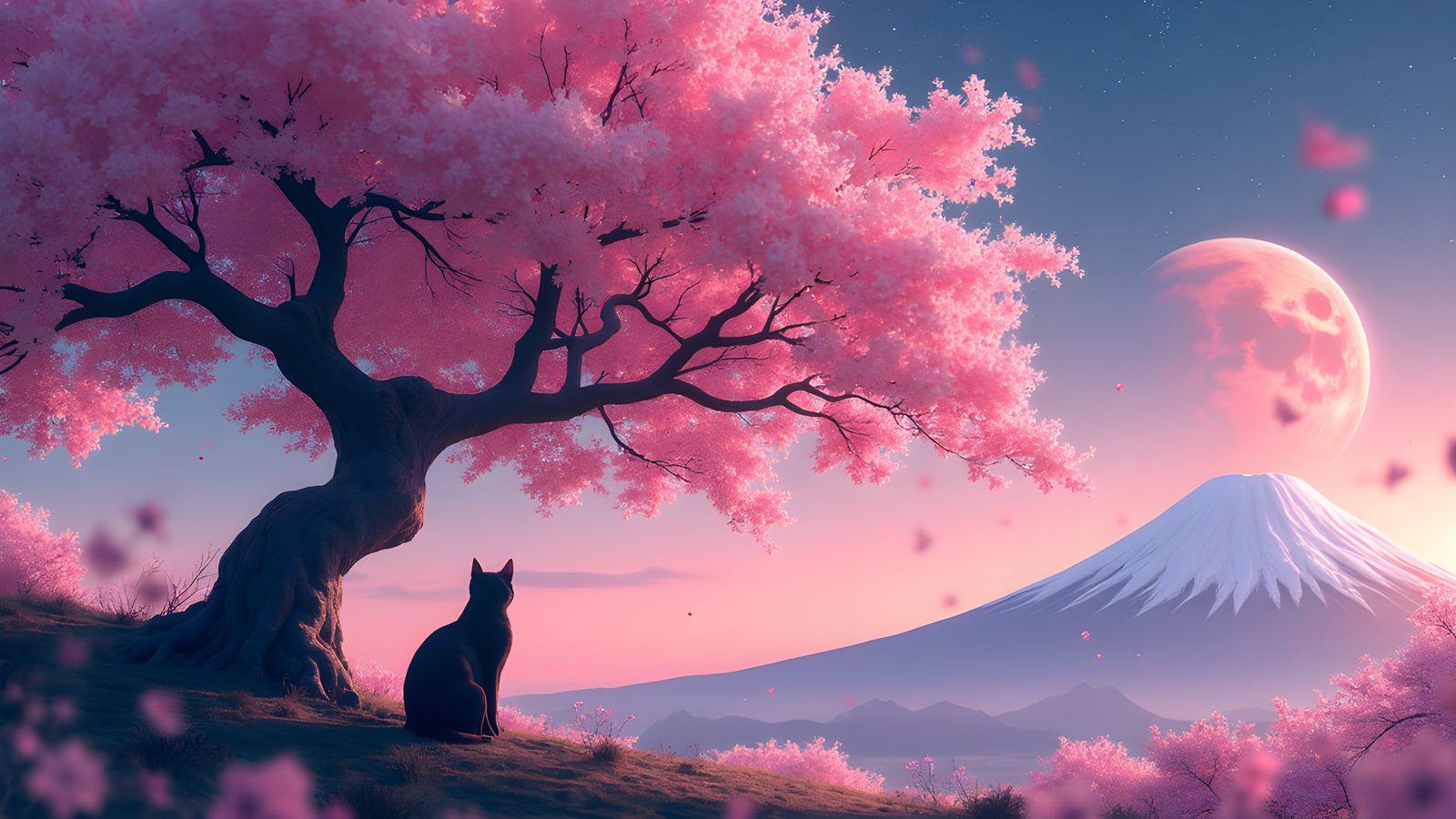 Sakura Tree, Mars, and Mount Fuji: Anime Art