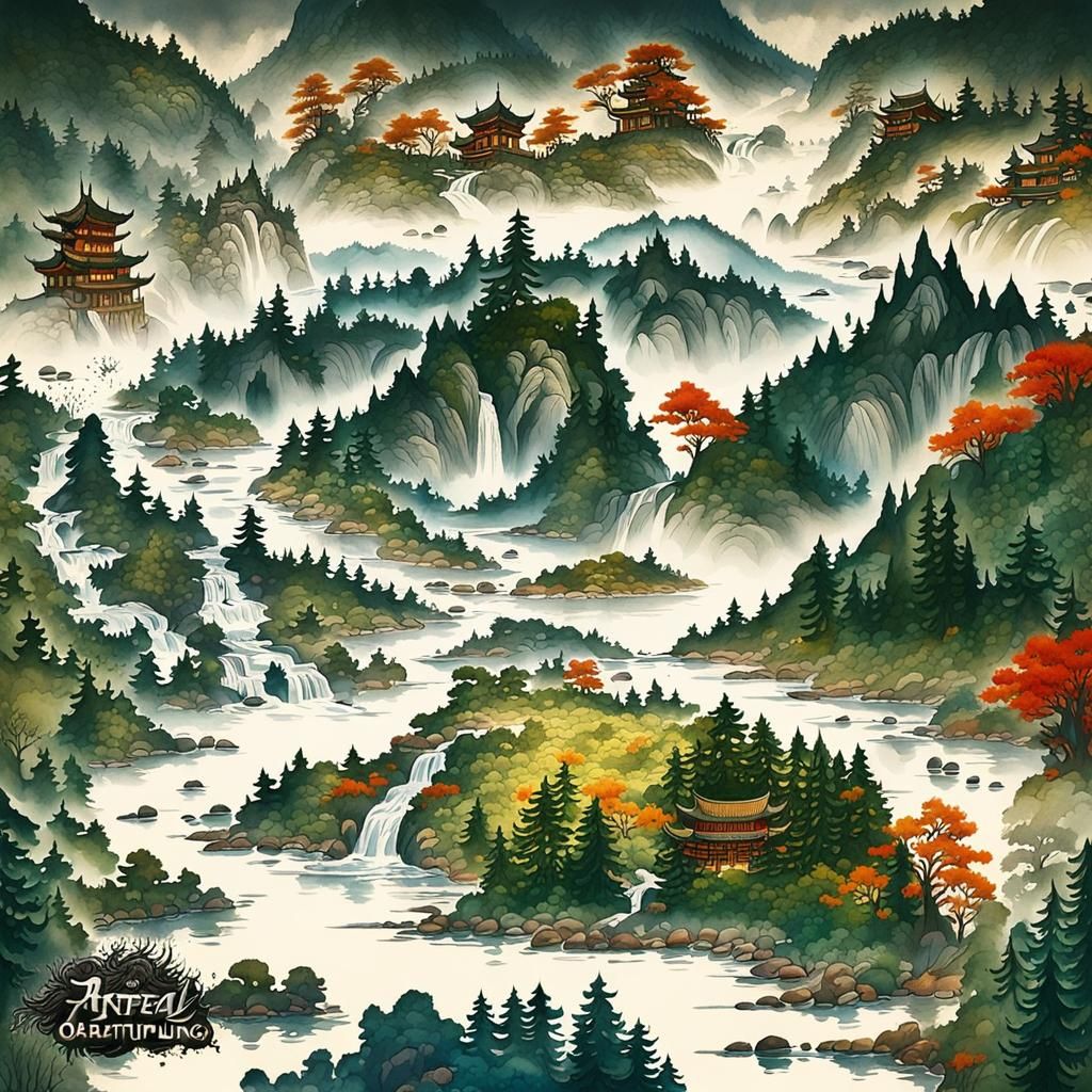 Korean Folk Art River Scene in Oriental Style
