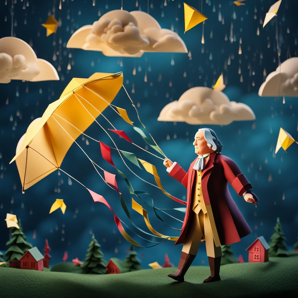 Benjamin Franklin Flies Kite in Storm: Papercraft Style