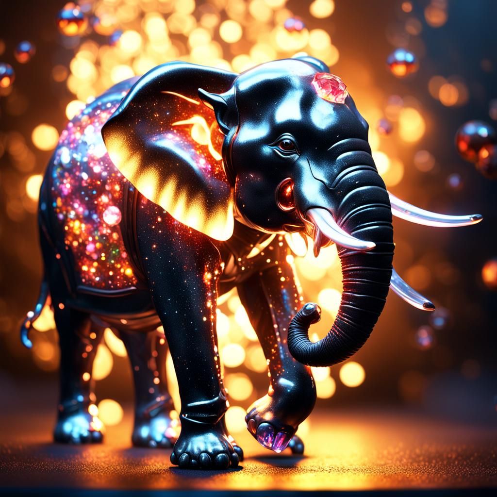 an epic giant crystallast render glass light  elephant with a Fairy gems fiery glowing sparkle, chiaroscuro, glitter, sp...