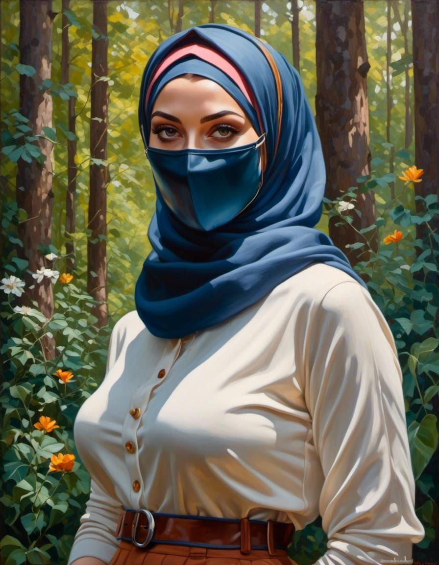 Woman in Hijab and Mask in Lush Forest, Oil Painting