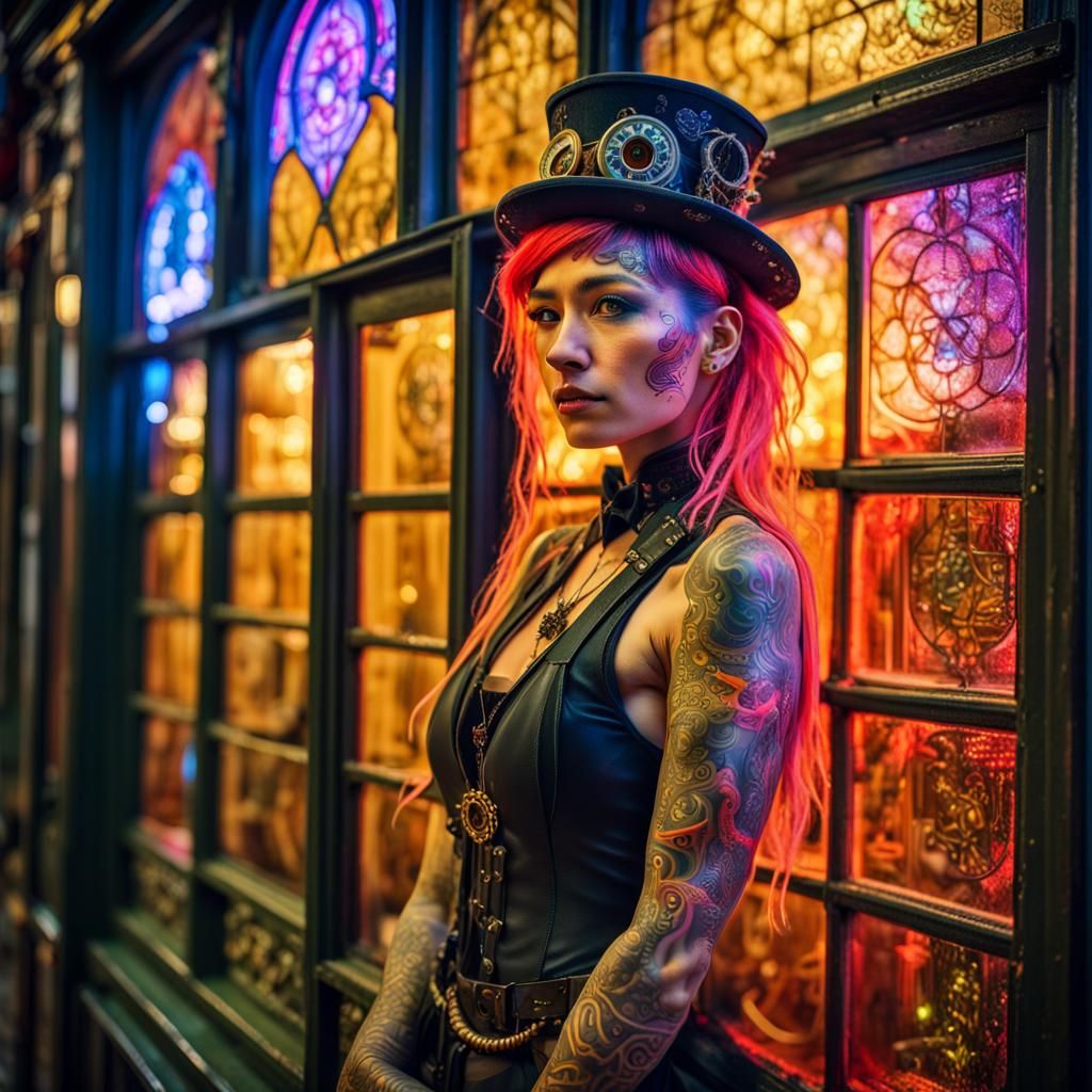 Steampunk Model in Neon City During Chinese New Year