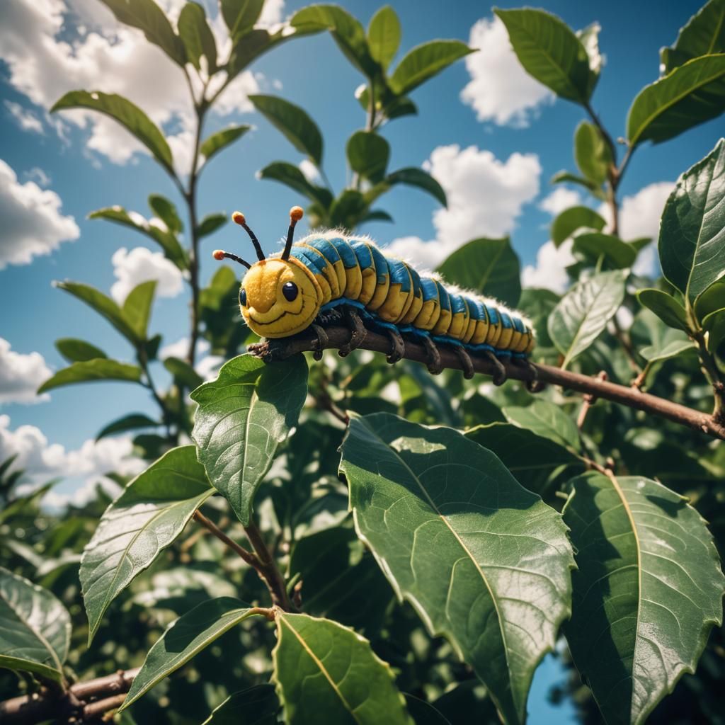 Cute Chibi Caterpillar on Bay Leaf in Cinematic Style
