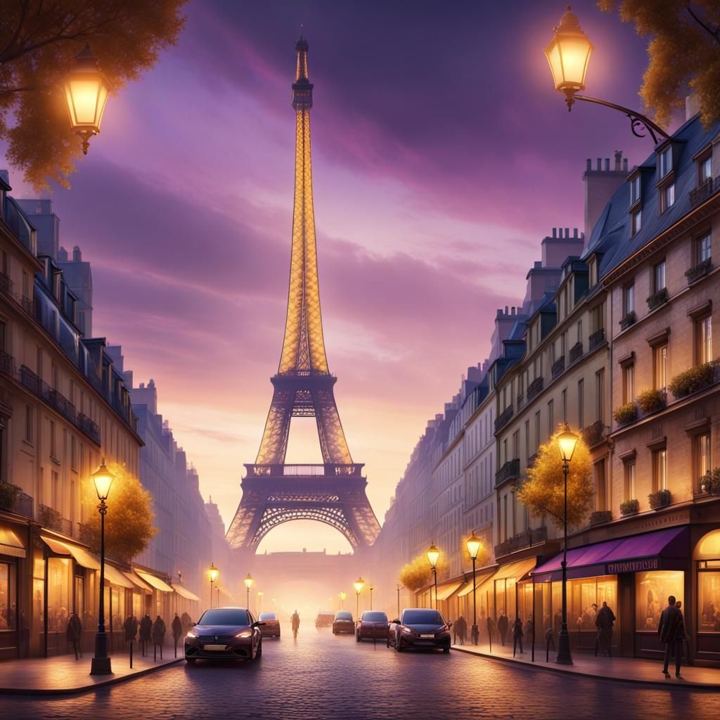 Nighttime Paris Panorama in Hyperrealistic Style