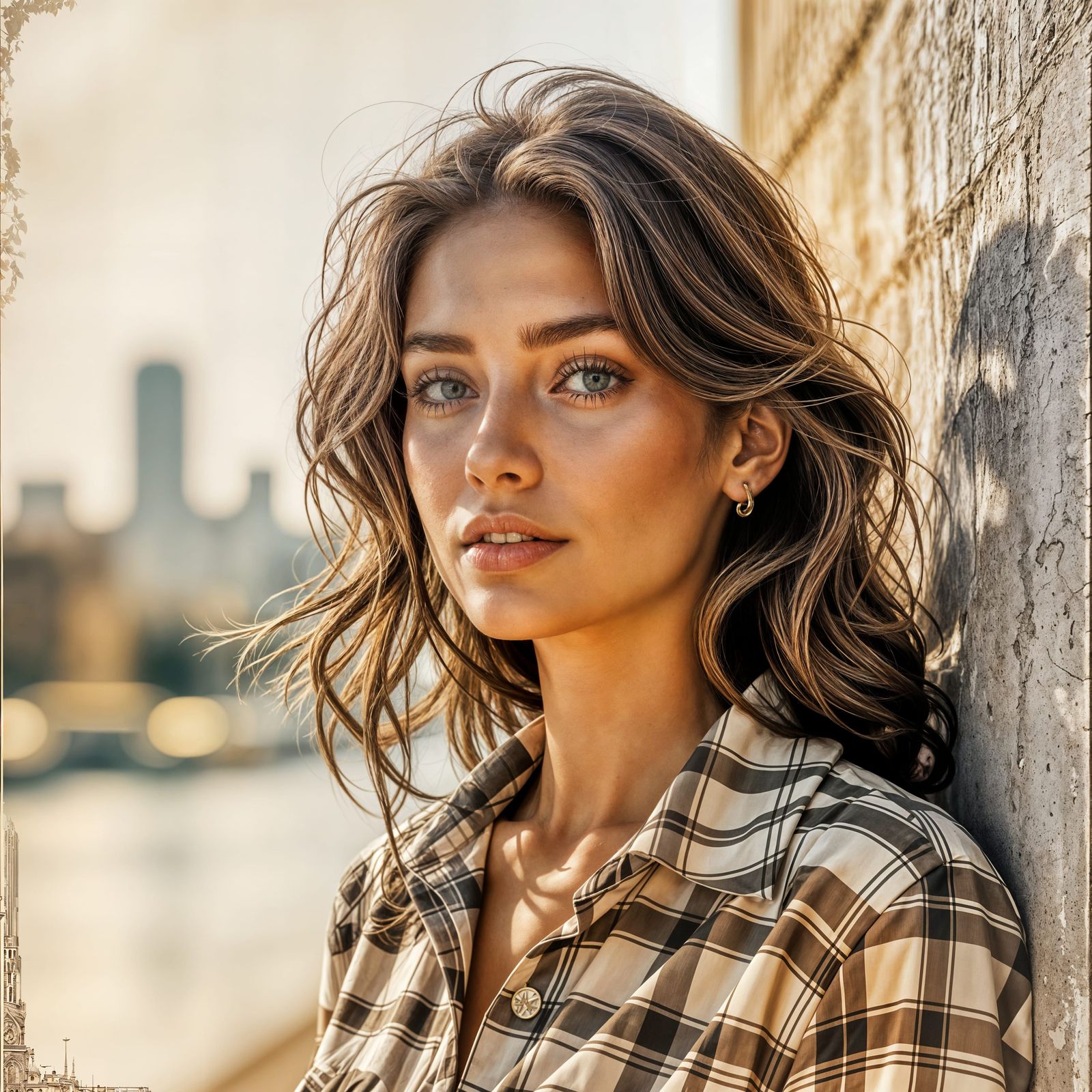 1970s Cityscape with Woman in Vintage Sepia Tone