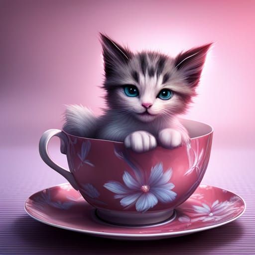 Kitten in Teacup Portrait, Digital Art