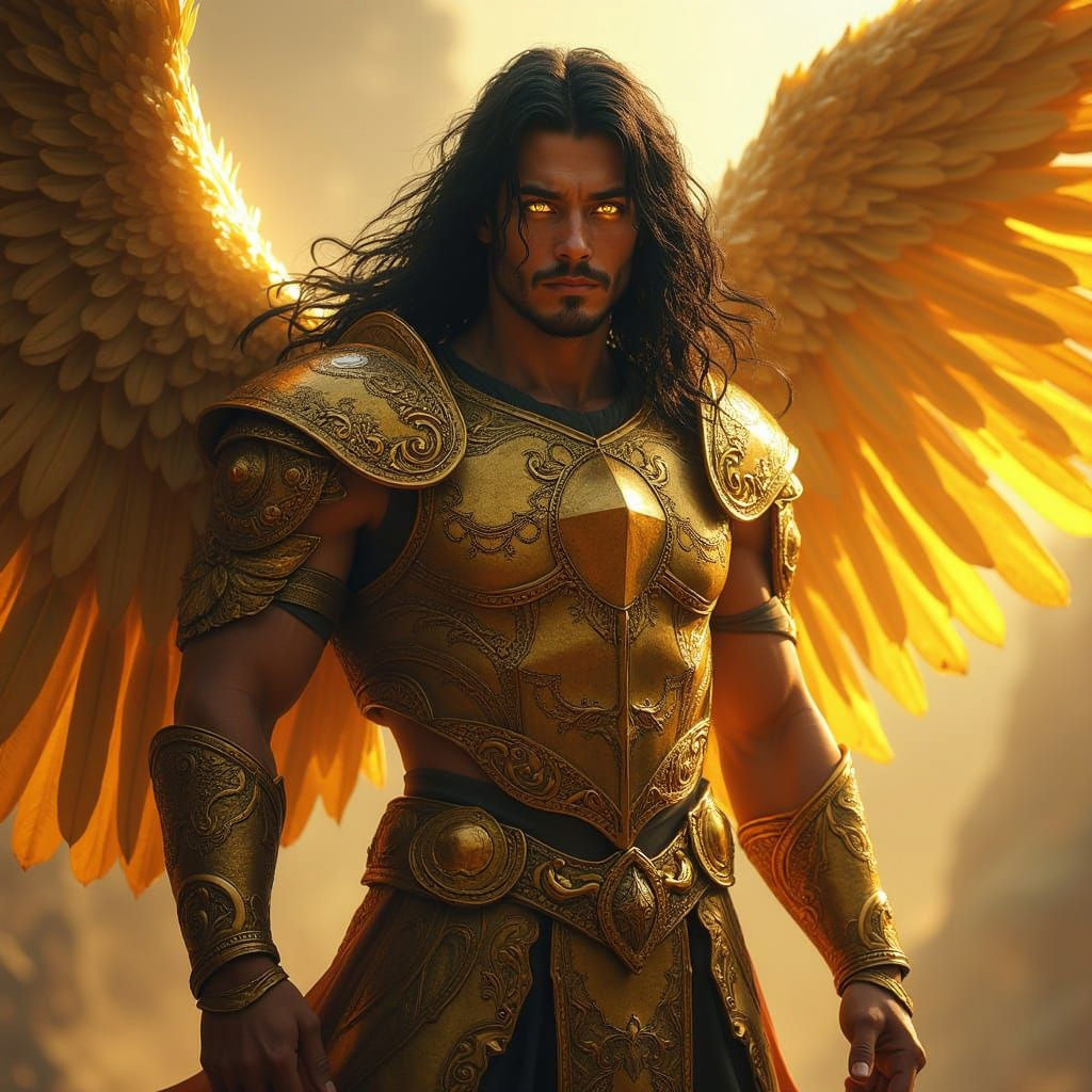 Angelic Warrior with Golden Wings and Eyes