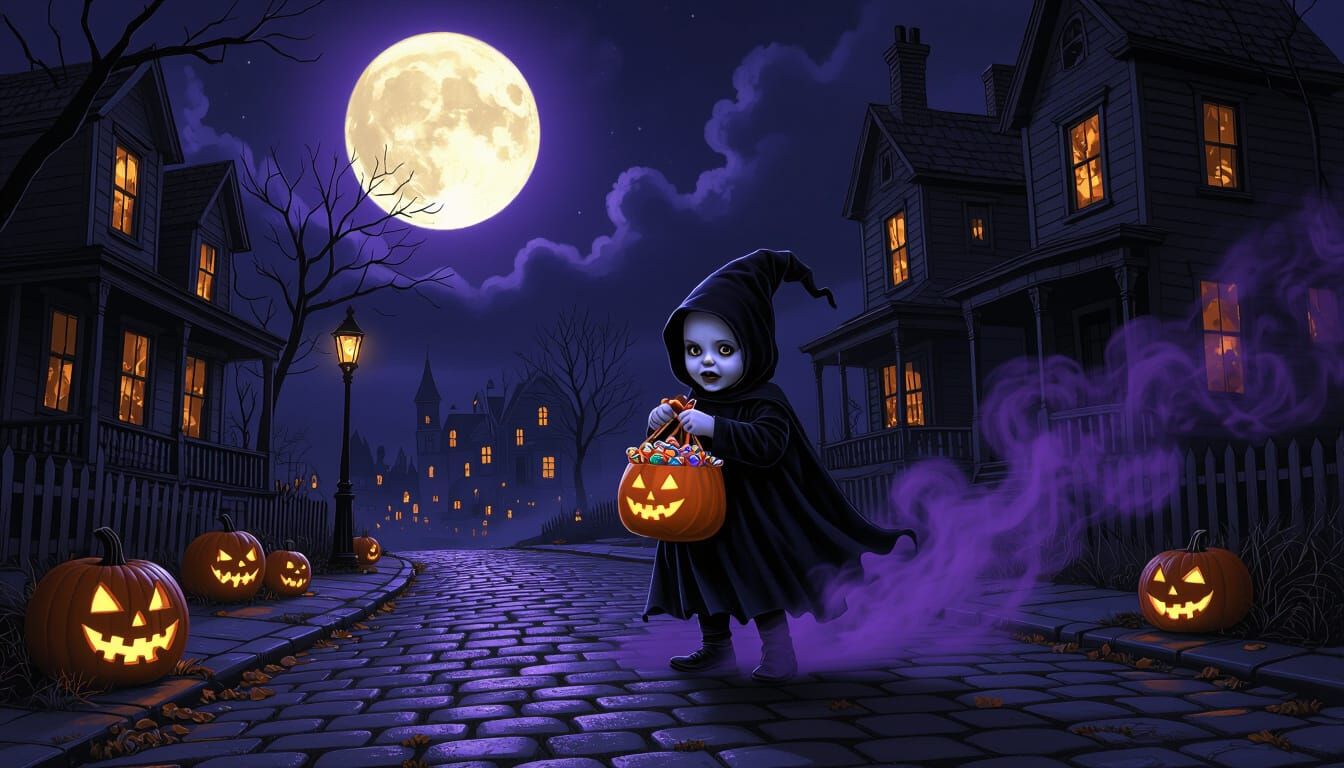 Mischievous Ghost Child on Spooky Halloween Street