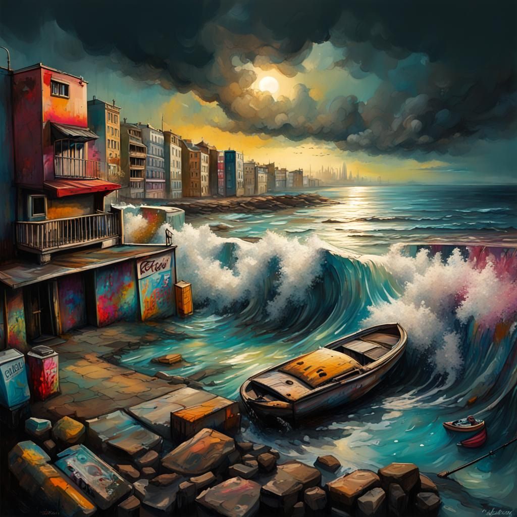 Colorful Seaside Postcard in Graffiti Art Style