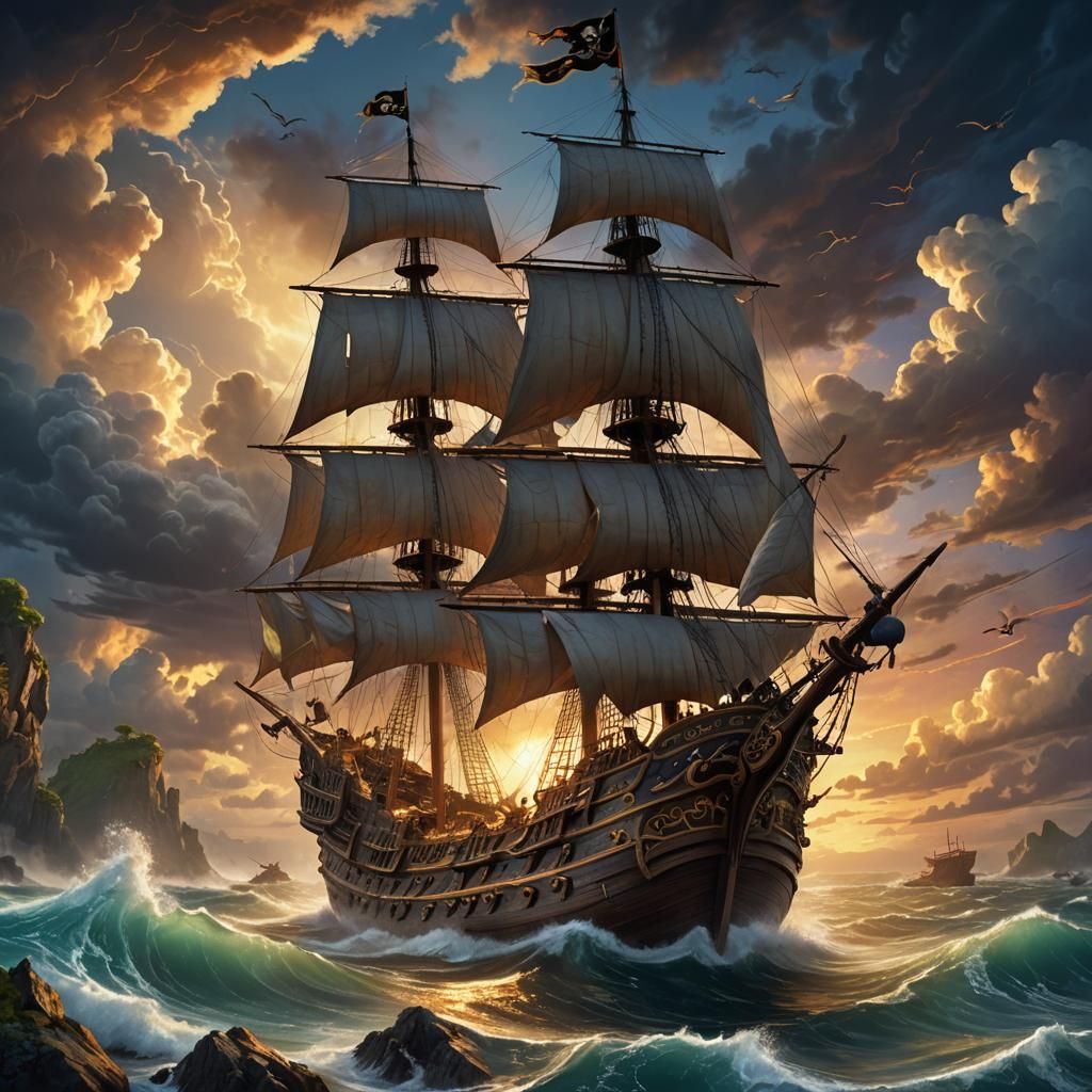 Pirate Ship Sailing Through Mystical Archipelago