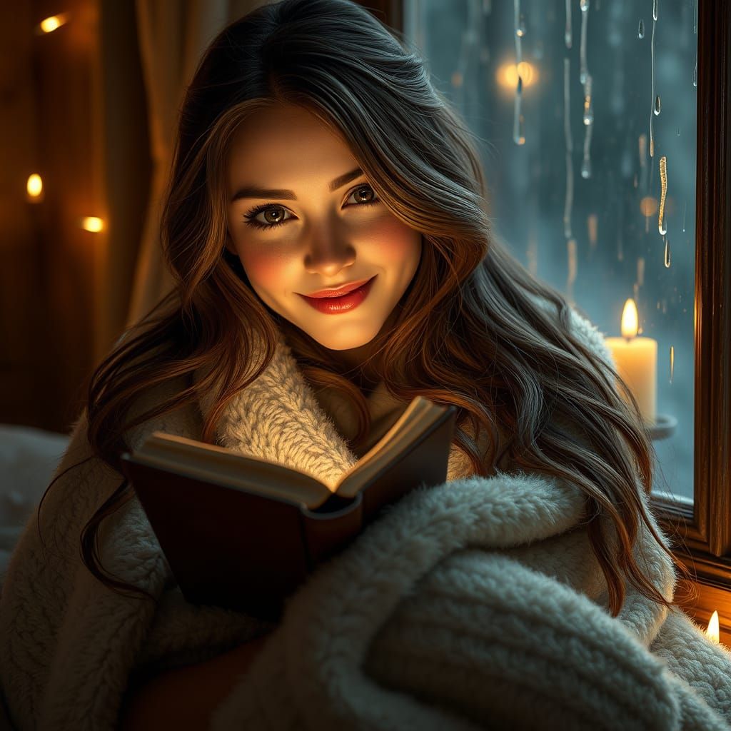 Cozy Winter Wonderland with Young Woman Reading