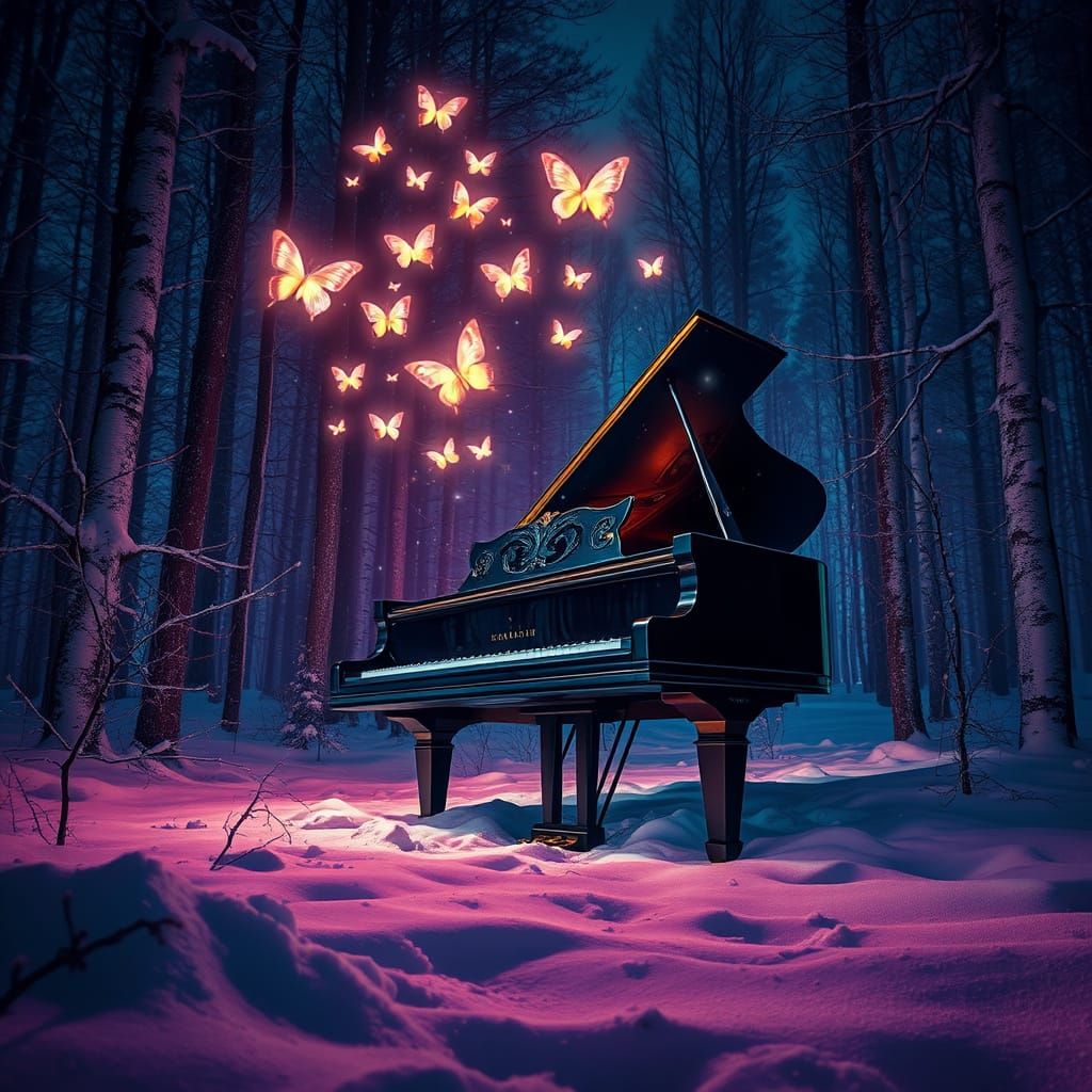 Ethereal Butterflies Emerge from Forest Piano