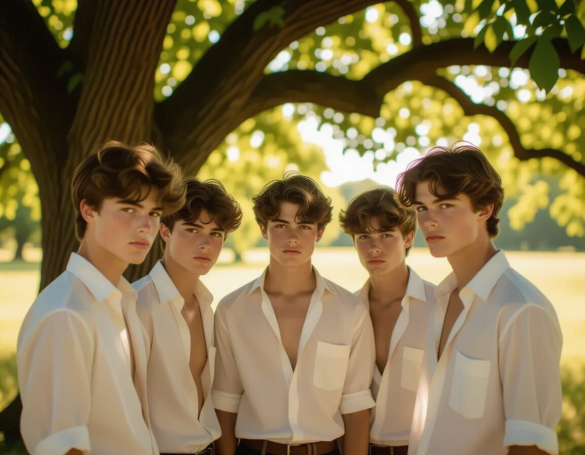 Teenage Boys in Dappled Sunlight Under a Tree