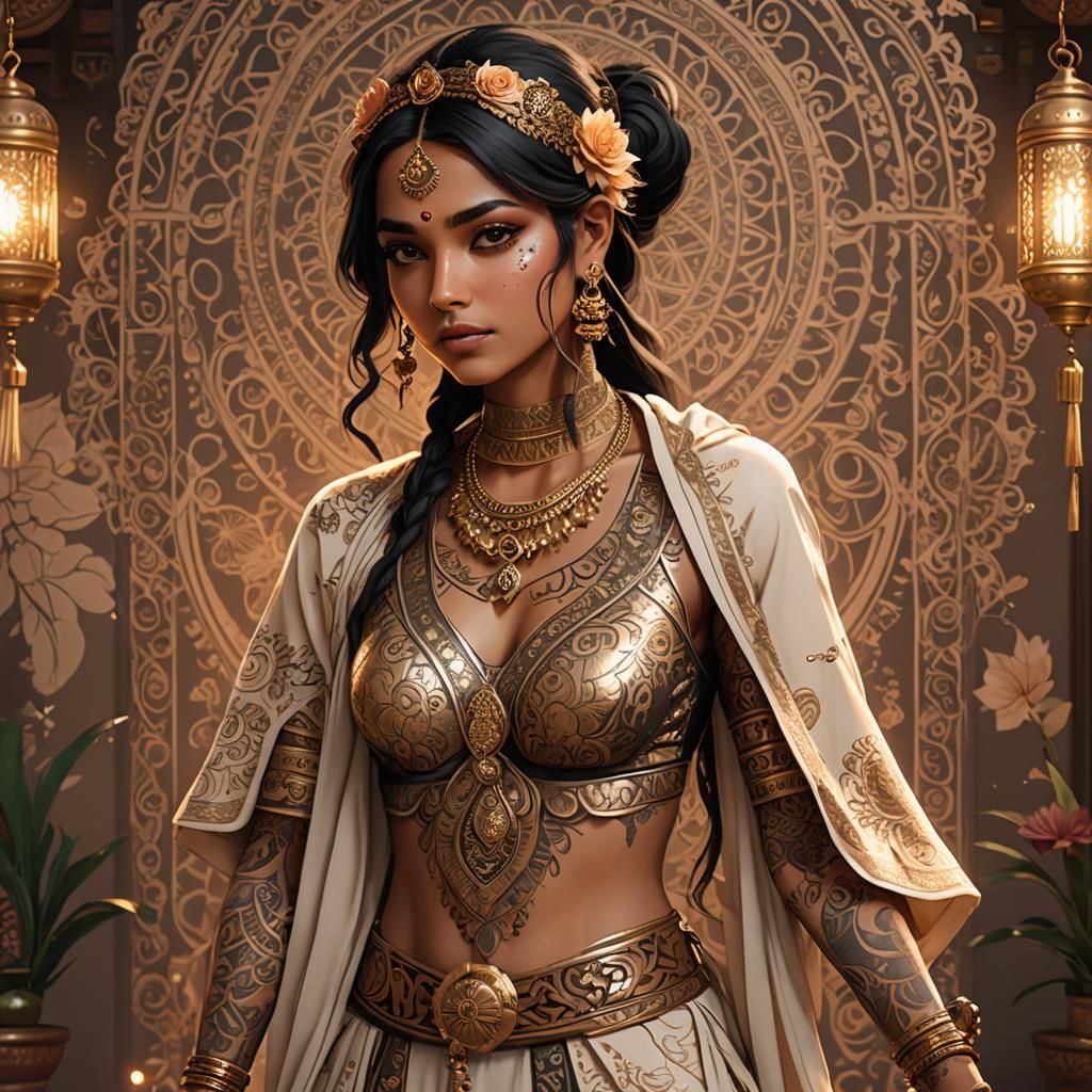 Indian Woman with Tattoos in Anime Style
