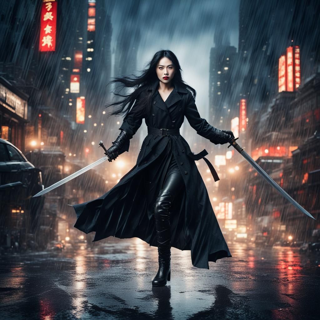 Asian Vampire Battles Swordsmen in Rainy Cityscape