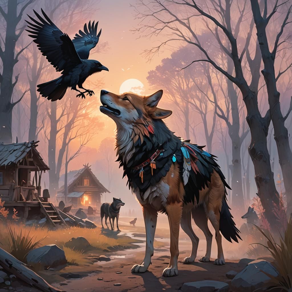 Crow and Coyote Deliver Gift in Anime Style