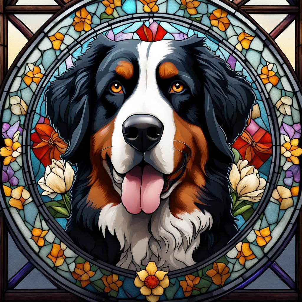 Bernese Mountain Dog with Stained Glass Flower