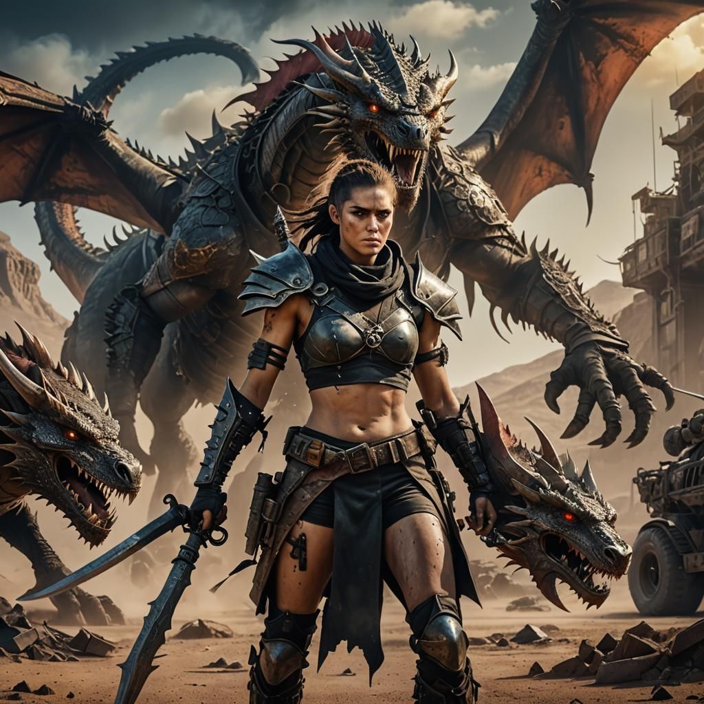 Mad Max Female Warrior with Dragon: Detailed Matte Painting