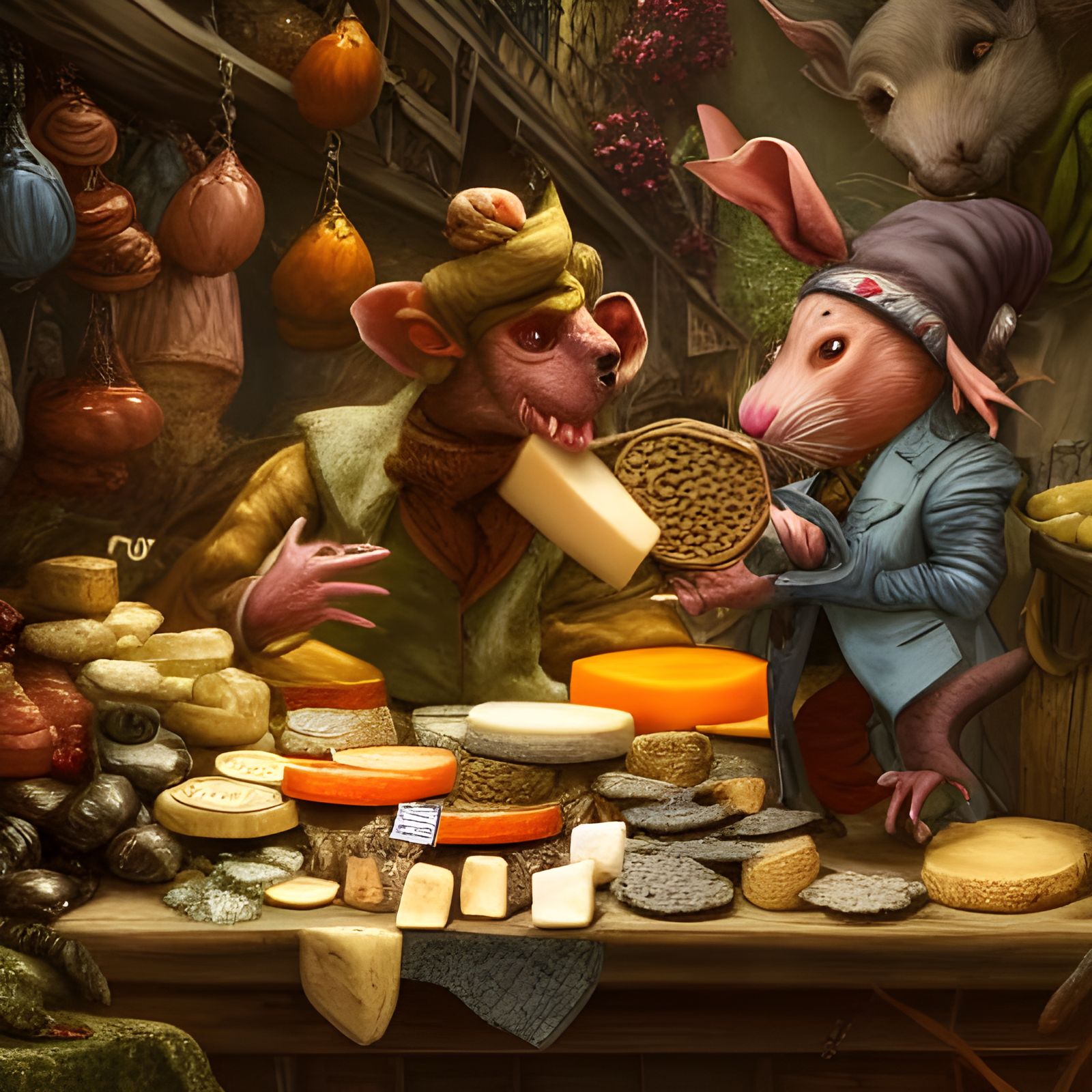 Goblin Cheesemonger Haggling with Rat-Man: Fantasy Art