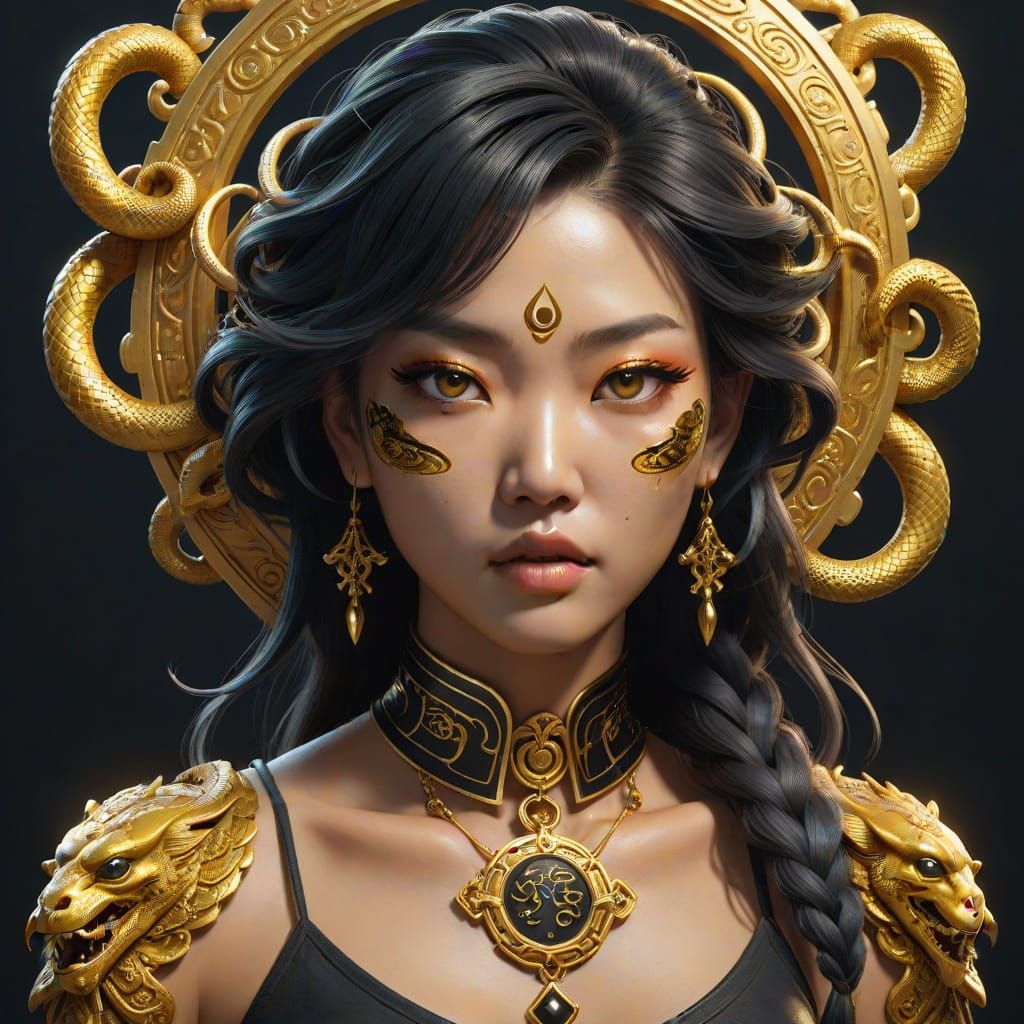 Gold Medusa Pendant: Asian Girl Face with Black Enamel